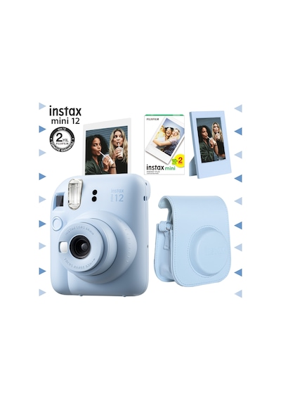 Fujifilm Instax Mini 12 Fotoğraf Makinesi + 20'li Film + Çerçeve + Deri Kılıf Seti Mavi