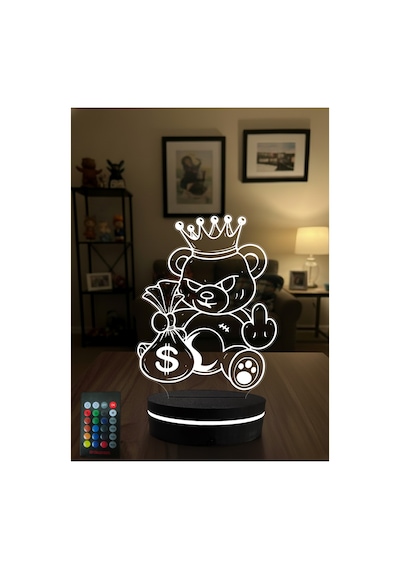 Asi Kral Ayıcık 3d Led Gece Lambası Rgb Kumandalı Para Çantalı Dekoratif Masa Lambası Çok Renkli