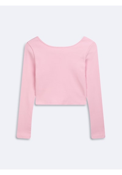LTB Uzun Kollu Bisiklet Yaka Crop Pembe Sweatshırt Pembe