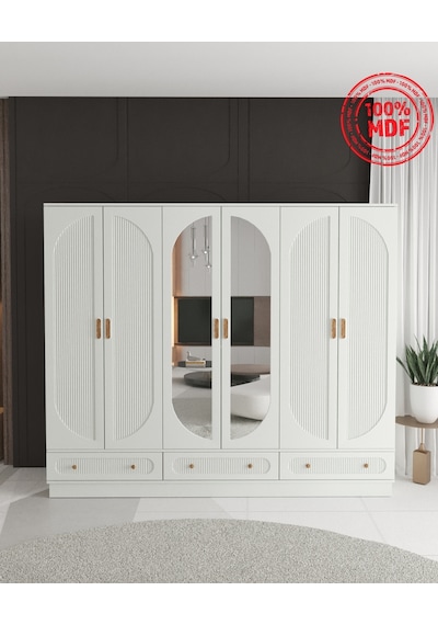 Soho 6 Kapaklı Çekmeceli Bazalı Gardırop - Tamamı Mdf Beyaz