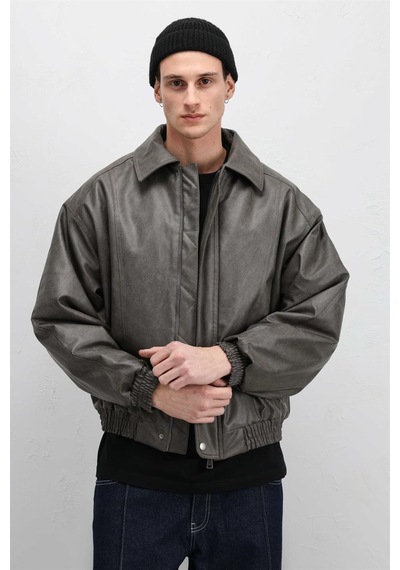 Vamos Oversize Deri Bomber Ceket Vizon