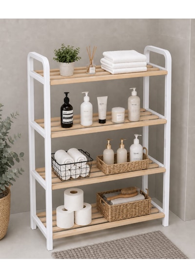 Ahşap Banyo Düzenleyici Lüks 70 Cm Banyo Rafı, Banyo Dolabı, Plastik Çerçeveli Çok Amaçlı Raf 4 Katlı Düzenleyici Beyaz