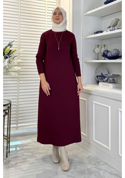 Rabia Şamlı Öykü Çelik Örme Triko Elbise Bordo Normal