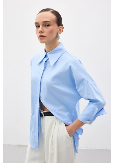 Sateen Düğme Detaylı Gömlek - Mavi-137152 Mavi