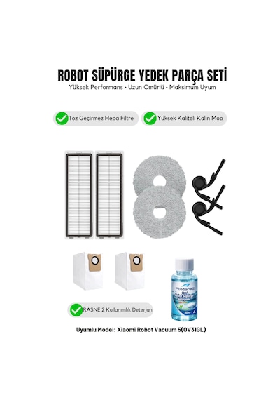 Robot Vacuum 5 Ov31gl İle Uyumlu 2 Yan Fırça 2 Filtre 2 Mop 1 Deterjan 2 Toz Torbası 5.0