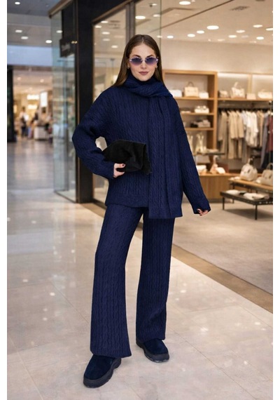 Meecy Kadın Triko Pantolon Takım Oversize Saç Örgülü Lacivert Lacivert