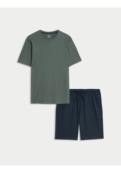 Marks & Spencer Pure Cotton Geometrik Desenli Pijama Takımı T07000098 Yeşil