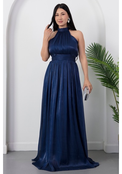 Kalopya Halter Yaka Şifon Elbise Grs4128 Lacivert