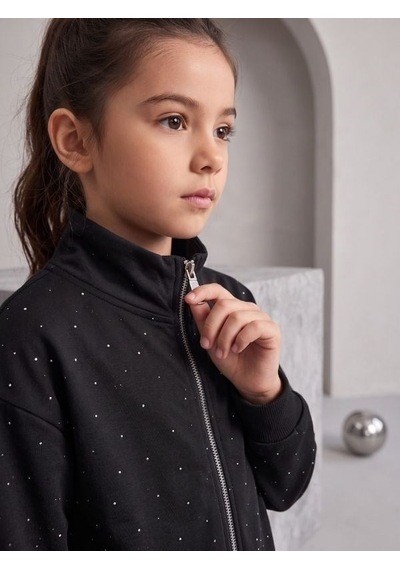 Zekids Kız Çocuk Siyah Taşlı Fermuarlı Geniş Paça Eşofman Takımı-17432