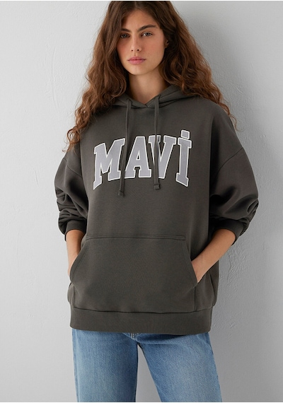 Mavi Logo Baskılı Kapüşonlu Haki Sweatshirt 1600361-71598 Yeşil