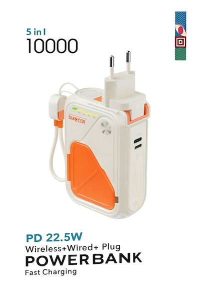 5'in 1 Pd 22.5w Hızlı Şarj Powerbank - 10000mah, Kablolu Ve Kablosuz Standlı Çoklu Fişli Şarj Cihazı Bej