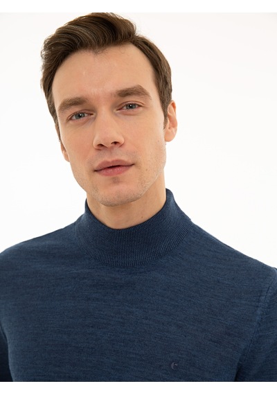 Cacharel İndigo Slim Fit Yarım Balıkçı Basic Triko Kazak Mavi
