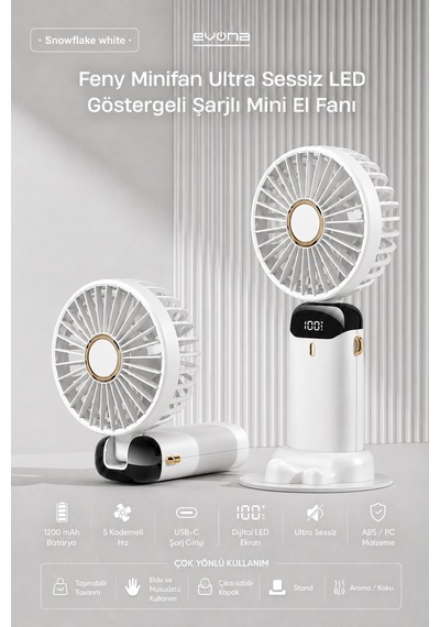 Feny Taşınabilir El Fanı, 5 Kademeli Soğutma, Dijital Göstergeli Mini Fan
