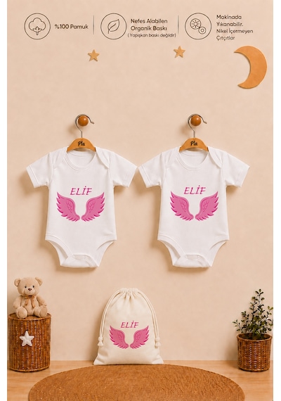 Pia Baby Kız Bebek İsme Özel Hediye Seti 2'li %100 Pamuk Organik Baskılı Body Zıbın Ve Ham Bez Kıyafet Kesesi 2055b2k2x Ekru