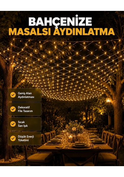 Led File Işık Dekoratif Ağ Led Aydınlatma İç Mekan Balkon Bahçe Süsü Yeni Nesil Altın Sarısı