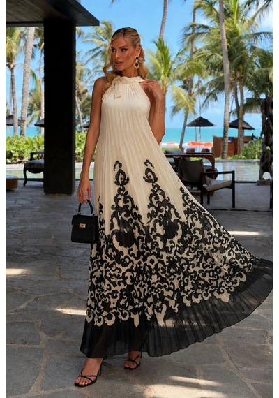 Asprinfashion Halter Yaka Pliseli Baskılı Şifon Elbise Beyaz