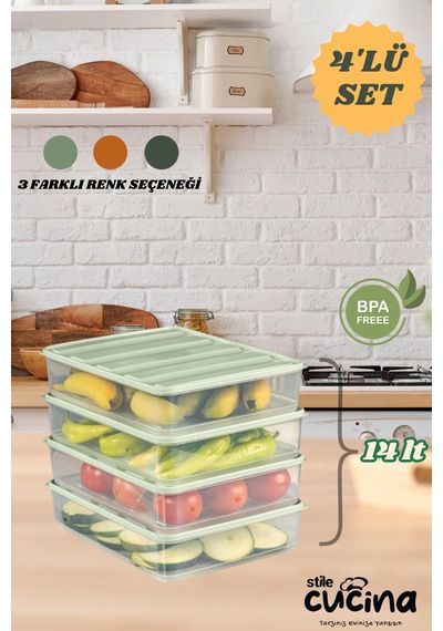 4'lü Buzdolabı Düzenleyici Organizer Mikrodalgaya Uygun Difriz Saklama Kabı Mint