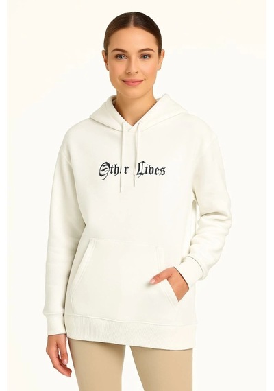 Defymoda Oversize Üç İplik Şardonlu Kapüşonlu Sweatshirt Beyaz Other Lives Ön Ve Arka Baskılı, Kanguru Ce