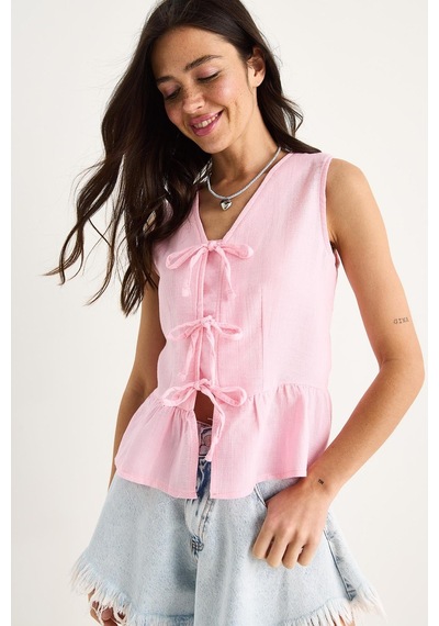 Shade Kadın V Yaka Fiyonk Detaylı Müslin Peplum Bluz G28-4883 60283356 - Pembe