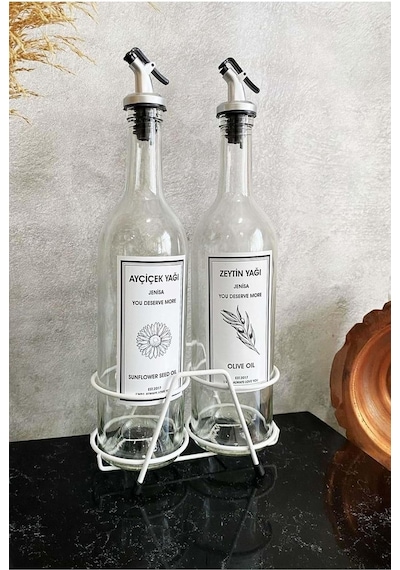 Beyaz Standlı Akıtıcılı Şeffaf 750 Ml Beyaz Etiketli Yağlık Yağdanlık Çok Renkli