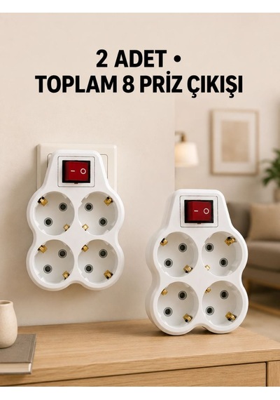 4 Lü Priz Çoğaltıcı 2 Adet Set Kablosuz Duvar Tipi Anahtarlı Priz Çoklayıcı Çok Renkli