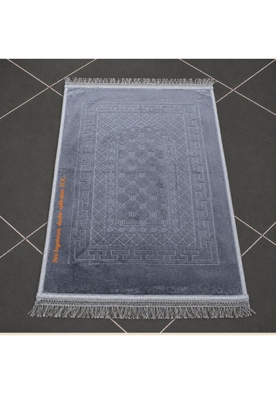 Tesbihane Kişiye Özel Nakış İşlemeli Hediyelik Seccade - Peluş Kumaş Gri
