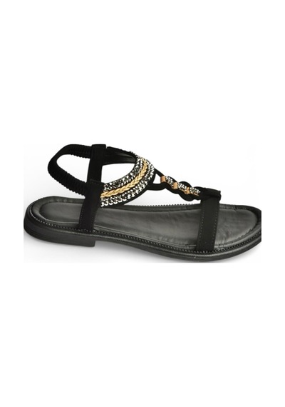 Fox Shoes Y274601309 Siyah Düz Tabanlı Taş Detaylı Kadın Sandalet Siyah