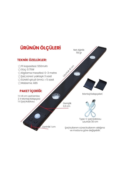 Upway Sensörlü 40 Cm 3 Lü Led Lamba 3 Renkli Ayarlanabilir Tezgah Merdiven Dolap Aydınlatma Siyah