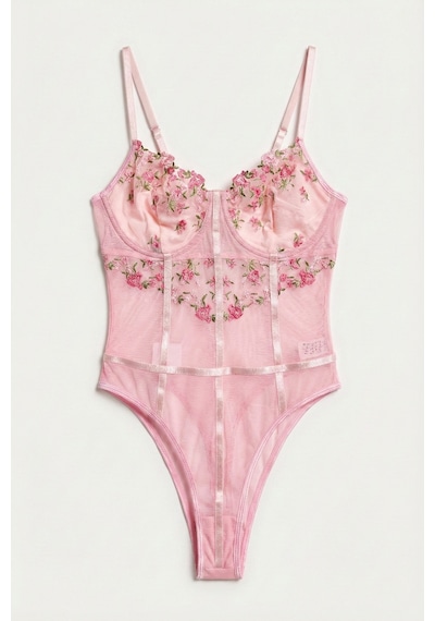 Kadın Pembe W5 Çıtçıtlı Toparlayıcı Özel Çiçek Ve Dantel Desenli Tasarım Askılı Body