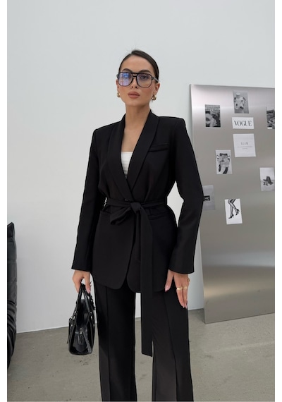Msm Fashion Kadın İkili Kuşaklı Blazer Ceket Pantolon Takım Siyah