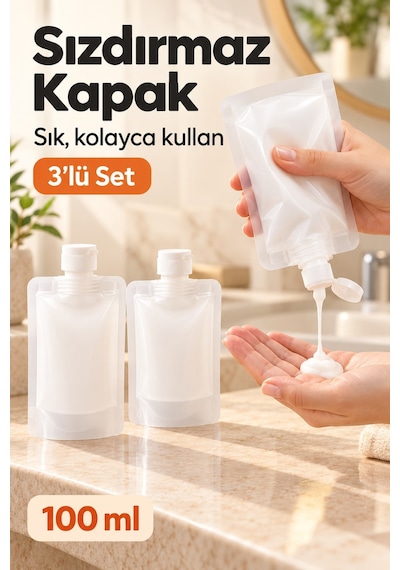 Doldurulabilir Seyahat Torbası Şişe Seti Sızdırmaz Silikon Kozmetik Kabı 100ml 3'lü Beyaz