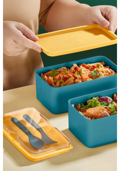 Mega Boy 2 Katlı Yemek Saklama Kabı 2 Litre - Kendinden Çatal Kaşık Servisli Lunch Box Set Yeşil
