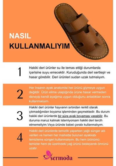 Sermoda Hakiki Deri Erkek Terlik - Yumuşak Kalın Tabanlı Hakiki Cırtlı Deri Erkek Terlik Taba