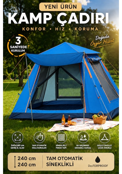 6 Kişilik Otomatik Kurulumlu Kamp Çadırı Sineklikli & 1000 Mm Su Geçirmez Outdoor Çadır Bej Mavi