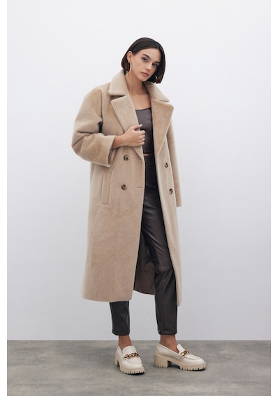 Sateen Düğmeli Kaşe Kaban - Bej-135227 Bej