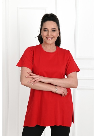 Kadın Bisiklet Yaka Yırtmaç Detaylı Büyük Beden Tshirt 9633-22 001