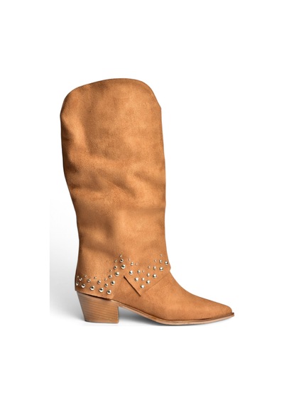 Fox Shoes Z726106802 Taba Süet Kalın Topuklu Pim Detaylı Kadın Çizme