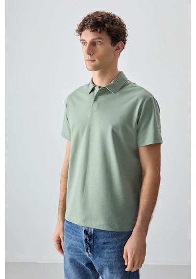 Açık Yeşil Pamuklu Kalın Yumuşak Dokulu Polo Yaka Oversize Fit Basic Erkek T-shirt - 88381 Camel