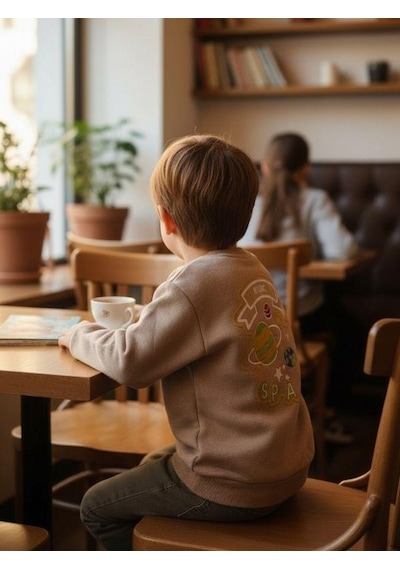 Zekids Erkek Çocuk Pamuklu Gezegen Baskılı Batik Sweatshirt-16332 Bej
