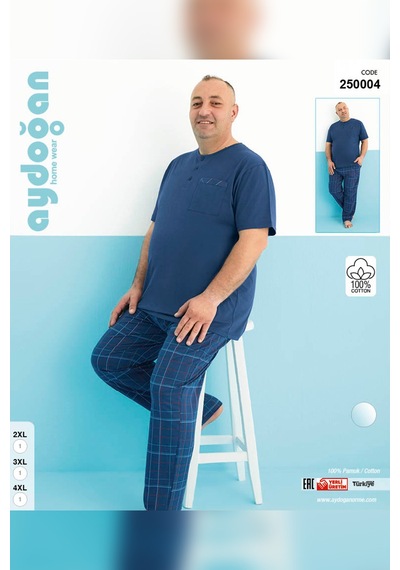 Aydoğan Erkek Dinç Büyük Beden Koton Kısa Kol Koyu Mavi Pijama Takım 0004 Mavi