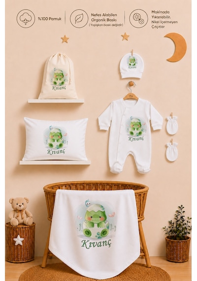 Pia Baby İsme Özel Hastane Çıkışı %100 Pamuk Erkek Bebek Organik Baskılı Tulum Set Keseli Hediyelik 2067tybk3x Krem