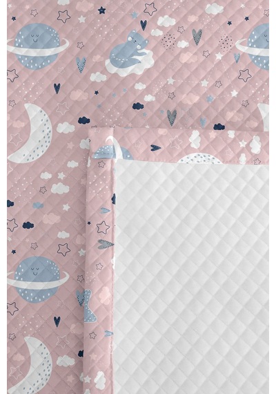 Evimde Bambaşka Pembe Uzay Yıldız Kız Çocuk Pike Takımı - Ay Bulut Mavi Bebek Odası Yazlık Yatak Örtüsü - 160x220  CM