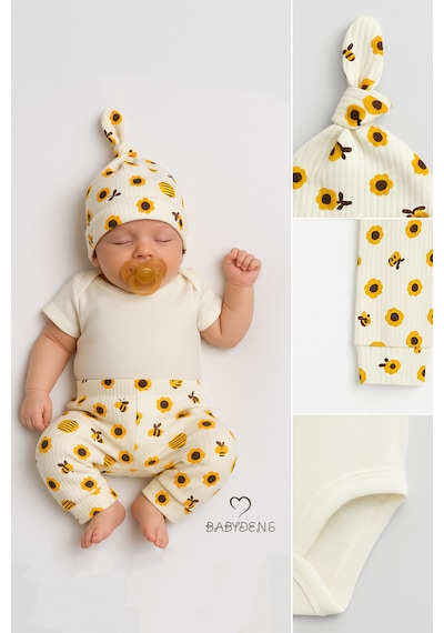 Babyden's Arı Desenli Bebek Takımı Pamuklu Kısa Kol Body Pantolon Ve Şapka Seti Yenidoğan Kız Erkek Bebek Alt Üst Takım Ekru