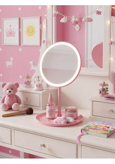 Led Işıklı Dimmerli Usb Şarjlı Dokunmatik Makyaj Aynası Pembe - 3 Renk Işık Modu 360 Döner Masaüstü Ayna Yuvarlak