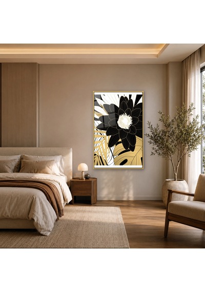 Altın Yapraklar Arasında Siyah Çiçek Gold Çerçeveli Cam Tablo
