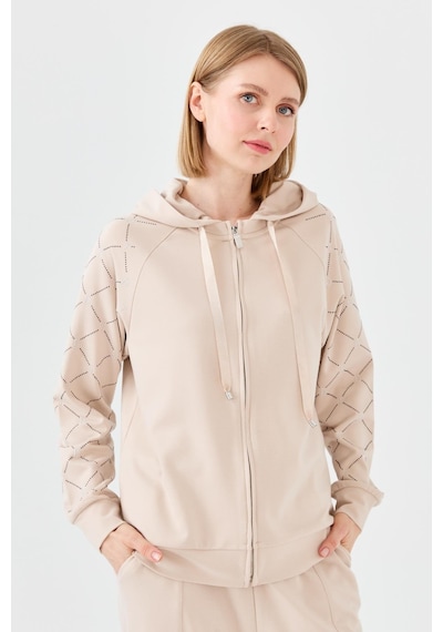 Desen Triko Kadın Triko Taş Baskılı Kapüşonlu Yazlık Sweatshirt Bej Bej
