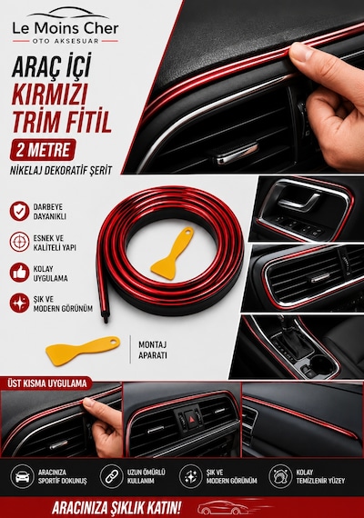 Mercedes-benz Sprinter Panelvan Araç İçi Kırmızı Trim Fitil 2 Metre Nikelaj Dekoratif Şerit