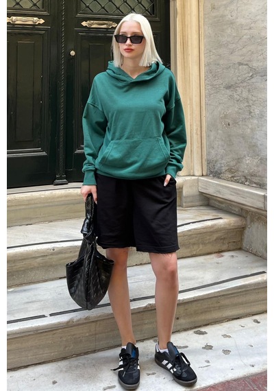 Koyu Yeşil Kapüşonlu Oversize Cepli Sweatshirt Mg2207