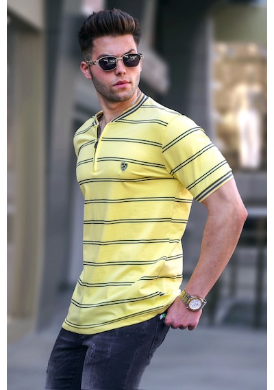 Madmext Sarı Çizgili Polo Yaka Erkek Tişört 5874 Sarı