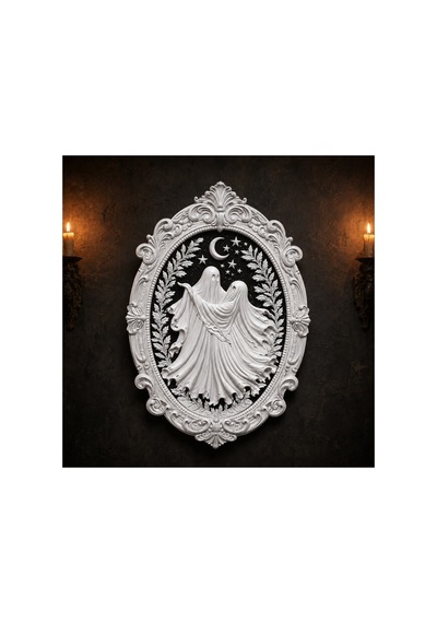 Siyah Beyaz Hayalet Kabartmalı Gotik Oval Duvar Tablosu 26x25x4 Cm